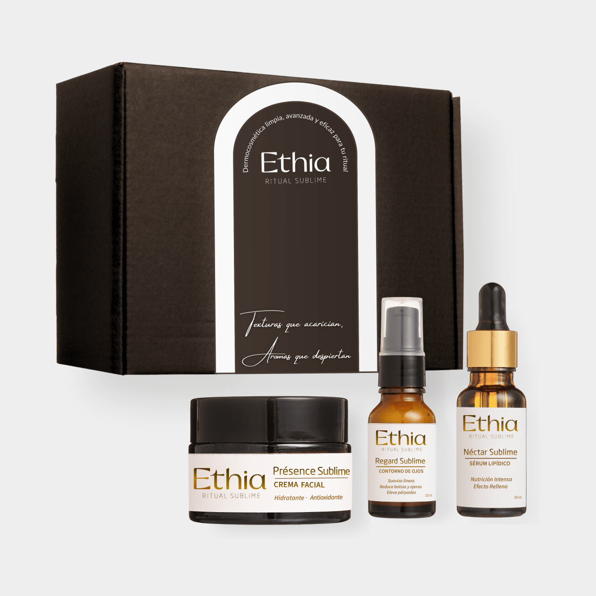 Pack trío caja regalo · Antiedad Piel Madura · Crema hidratante + serum relleno + contorno ojos | cosmética Limpia - Ethia