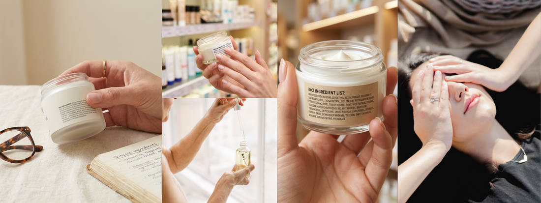 Manos leyendo lista de ingredientes INCI en cosmético — cómo elegir dermocosmética limpia sin parabenos ni siliconas