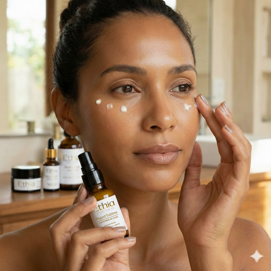 Mujer aplicando contorno de ojos Regard Sublime de ETHIA en zona periocular