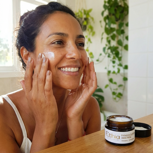 Mujer aplicando crema hidratante Présence Sublime en rostro