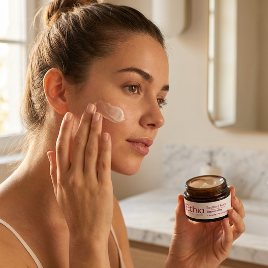 Joven aplicando crema facial Équilibre Aura de Ethia Cosmética