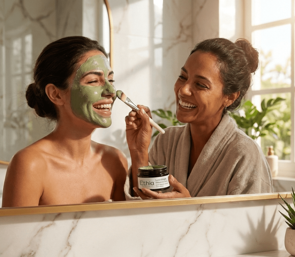 Lune d'Argile · Amigas aplicandose Mascarilla Facial de arcillas Purificante ritual de spa en casa | Ethia