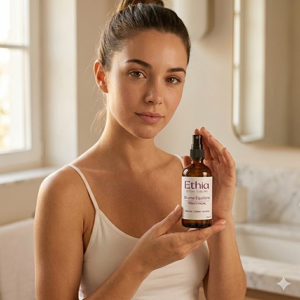 Brume Équilibre · Tónico facial calmante piel sensible · Joven adolescente mostrando | Dermocosmética Limpia - Ethia