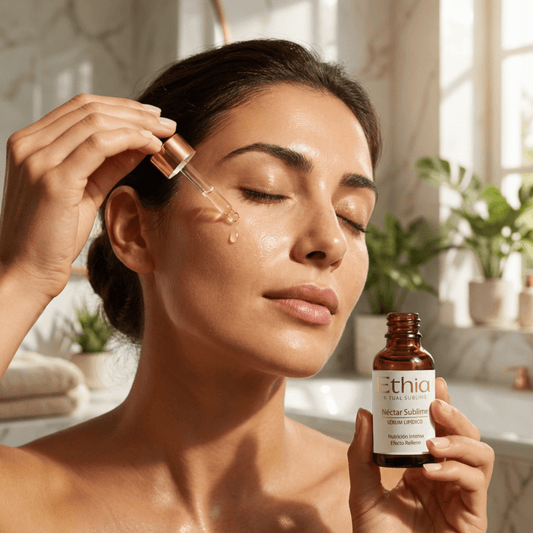 Néctar Sublime · Sérum Facial Antiedad Nutritivo mujer aplicándose producto | Dermocosmética Limpia - Ethia