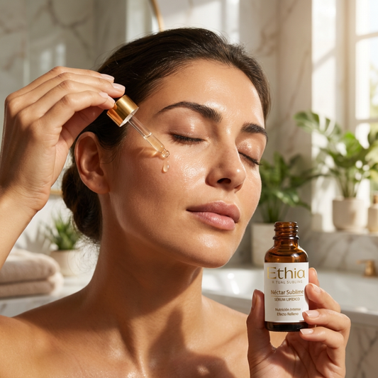 Mujer aplicando sérum facial nutritivo Néctar Sublime ETHIA en rostro