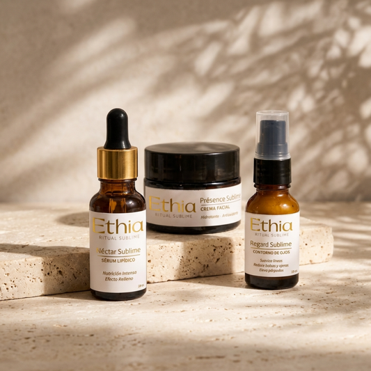Pack Trío Sublime Ethia — contorno de ojos, crema facial y sérum lipídico antiedad