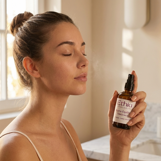 Brume Équilibre tónico facial Ethia aplicado sobre piel sensible
