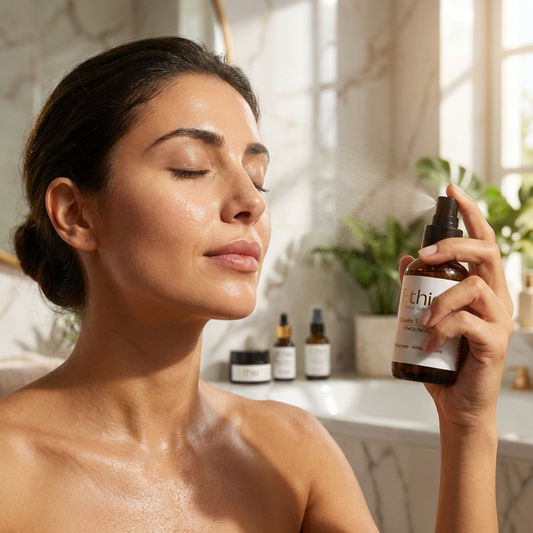 Mujer aplicando tónico facial Rosée Sublime de ETHIA en spray sobre el rostro